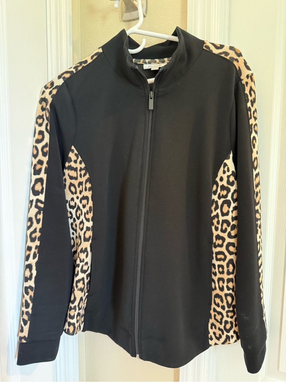 Black Bomber Jacket with Leopard Panels